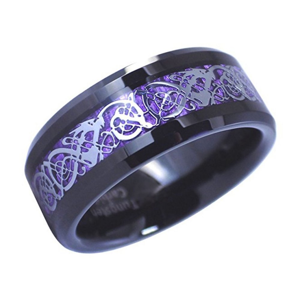 Mens Tungsten Wedding Band 8mm. Black, Silver & Purple Inlay Celtic Knot Ring